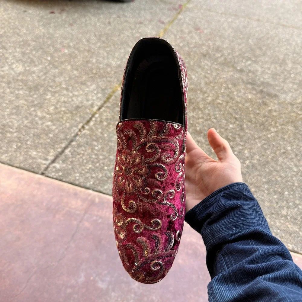 Santimon‎ Men's US 12 Red Velvet Silver Stitching Smoking Loafers Dress Shoes